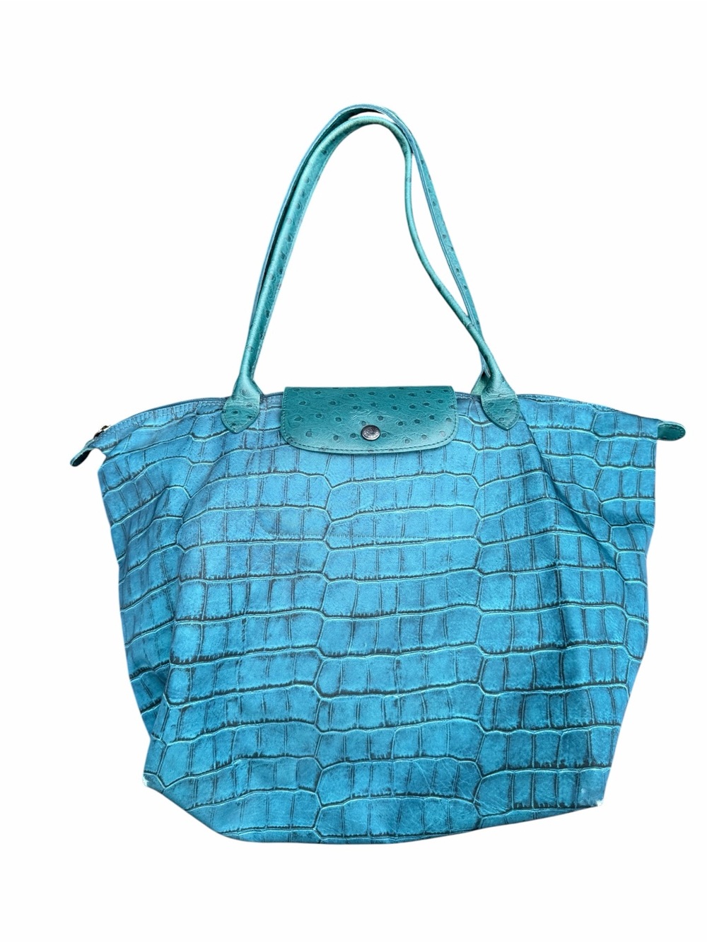 Longchamp Teal Croc-Embossed Tote